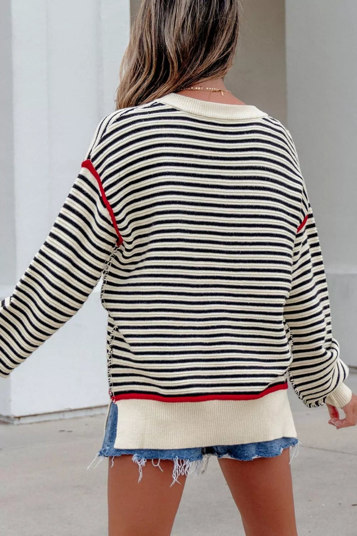 Striped drop shoulder oversized crew neck sweater