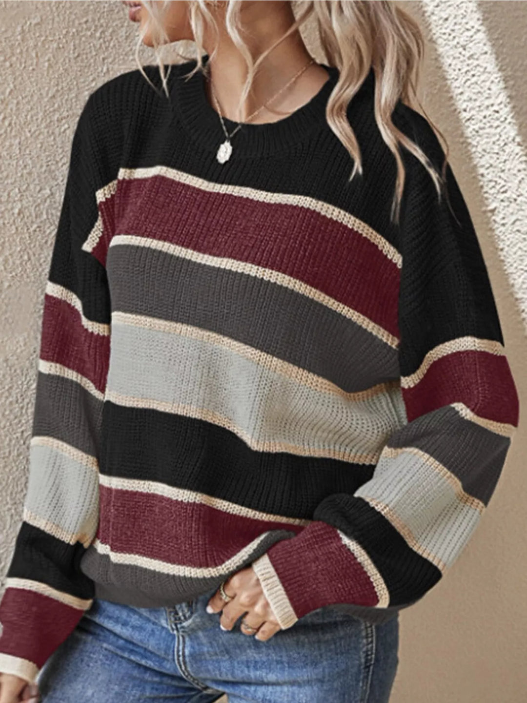 Color block striped crew neck knit sweater