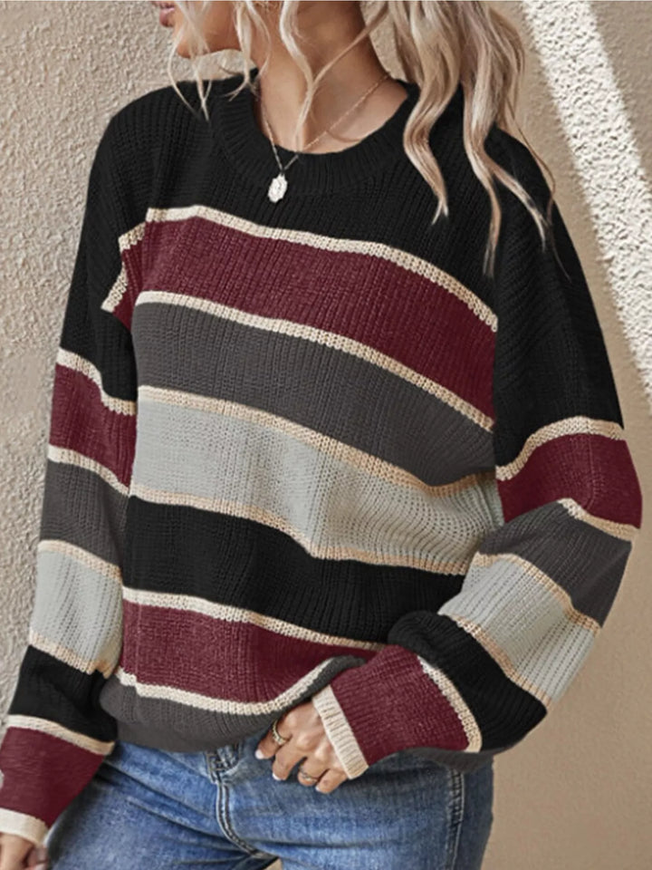 Color block striped crew neck knit sweater