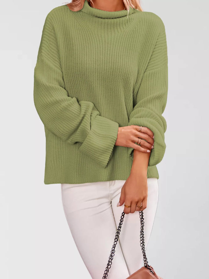 Green Oversized ribbed mock neck drop shoulder sweater