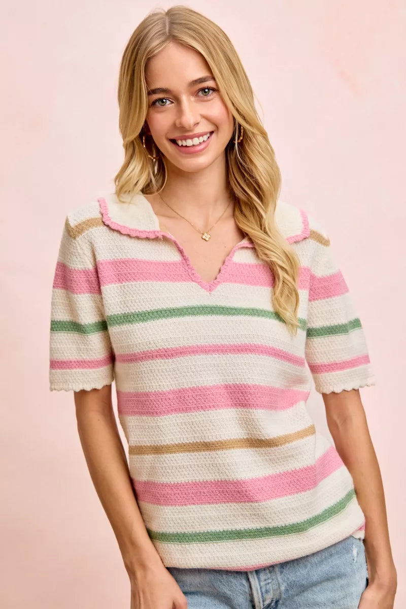 CREAM/PINK Striped scalloped-trim collared knit polo top