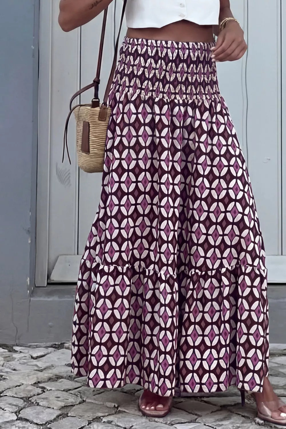 Geometric print tiered smocked waist maxi skirt