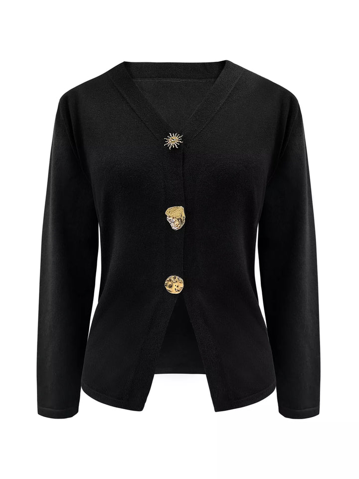 Gold-button V-neck knit cardigan with long sleeves