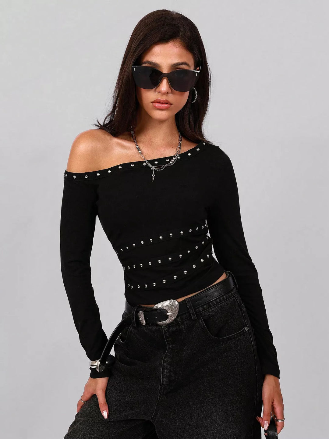 Studded one-shoulder long sleeve top with waist trim