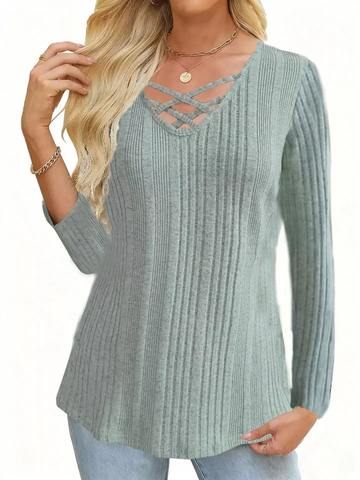 Sage Crisscross V-neck ribbed knit long sleeve top