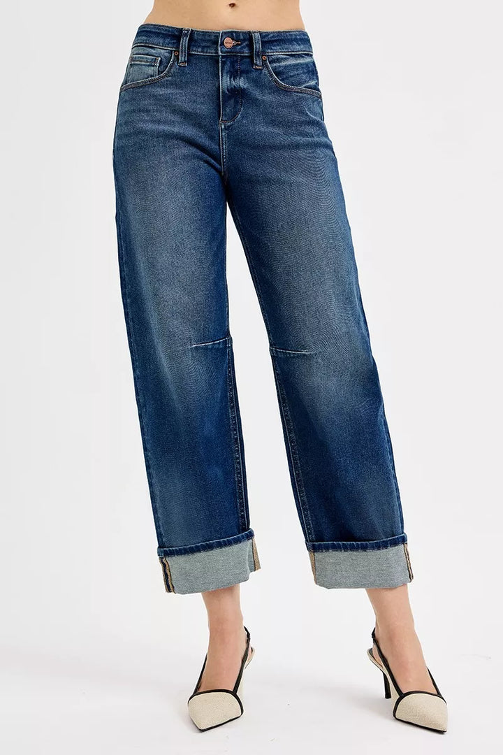 DARK High-rise slouchy barrel cuffed crop jeans