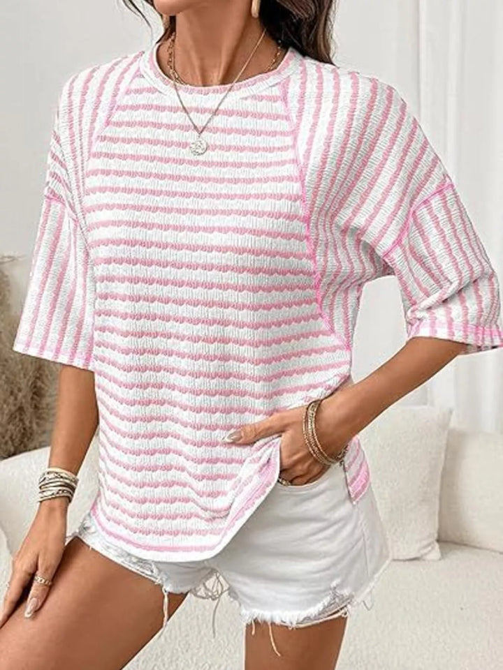 Pink Striped ribbed knit short sleeve crew neck top