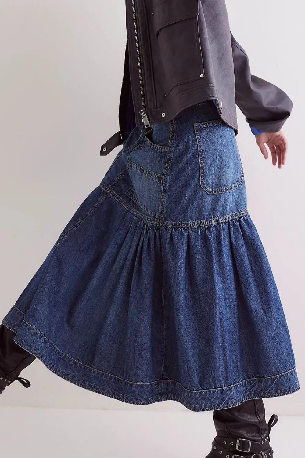 High-rise tiered midi denim skirt with patch pockets