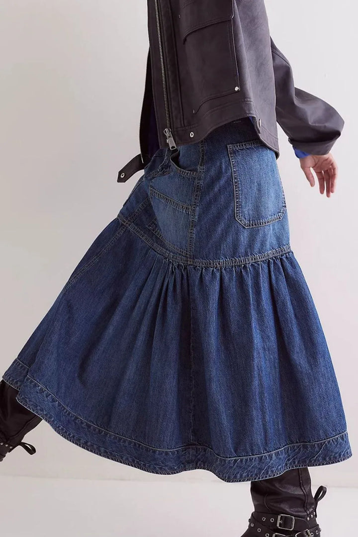 High-rise tiered midi denim skirt with patch pockets