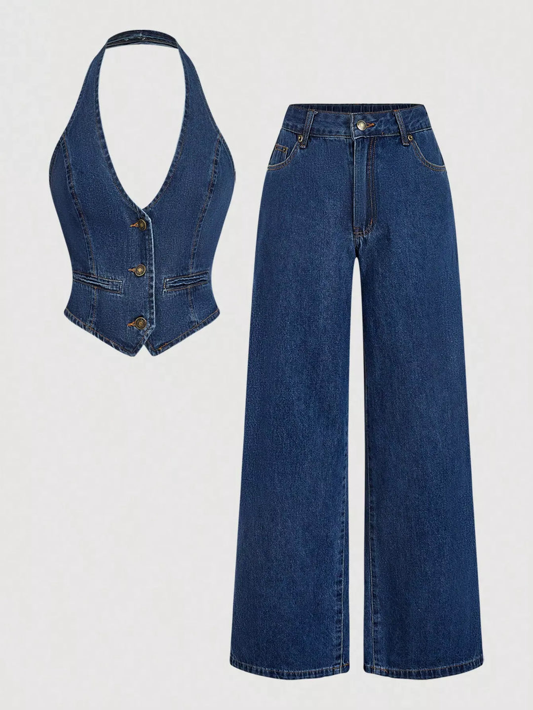 Dark Halter denim vest and wide-leg jeans two-piece set