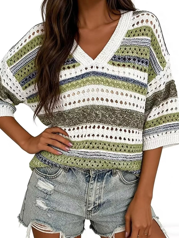 Green Stripes Striped openwork knit V-neck top with drop shoulders