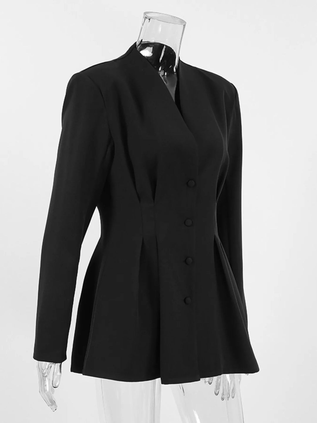 Collarless button-front jacket with cinched pleated waist