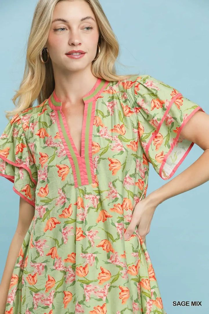 Floral tiered mini dress with flutter sleeves and split V-neck
