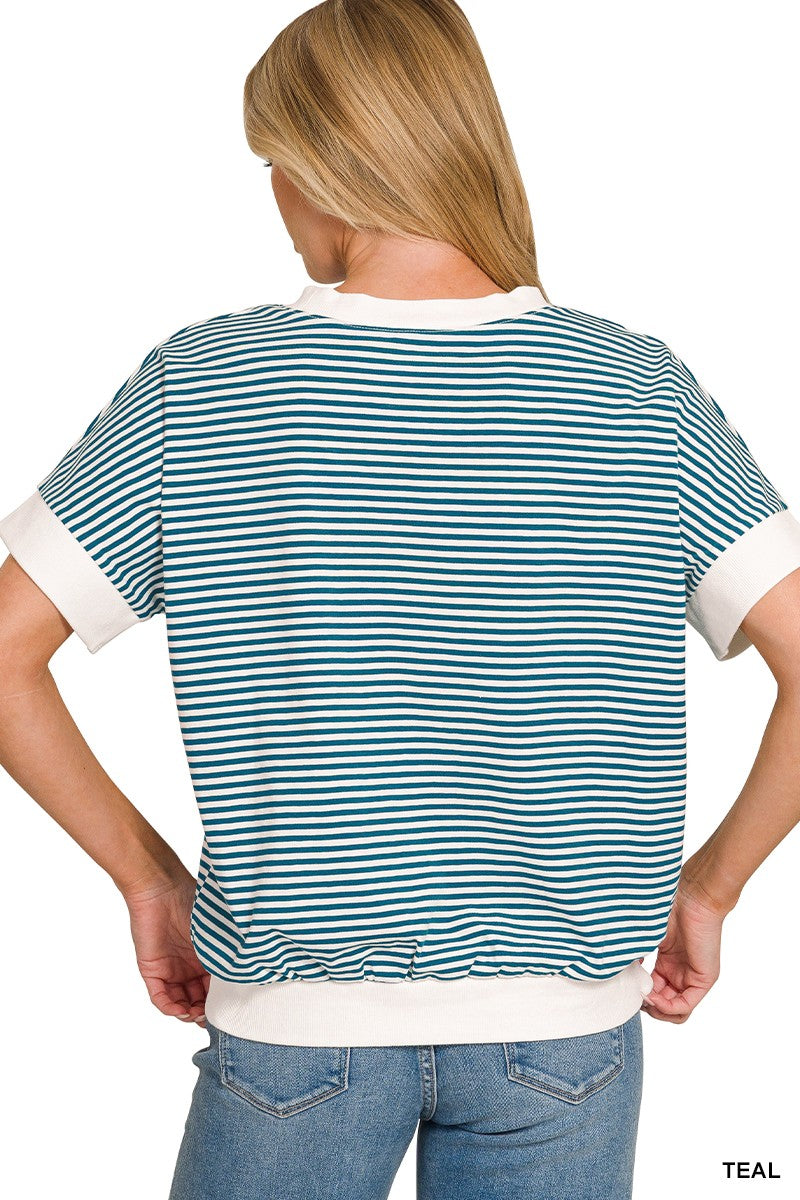 Striped short sleeve top with contrast trim and banded hem