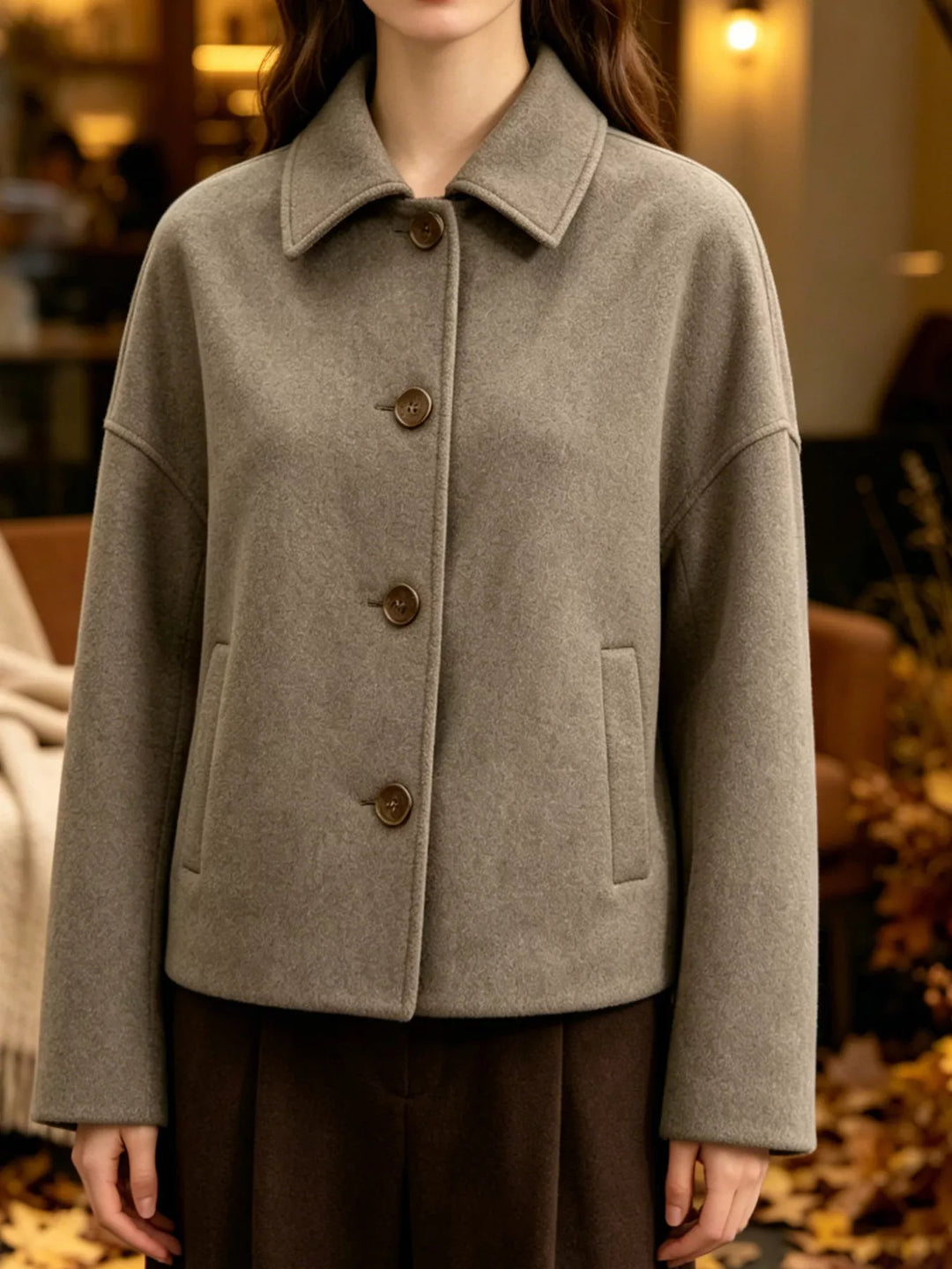 Beige Cropped wool-feel jacket with dropped shoulders and slash pockets