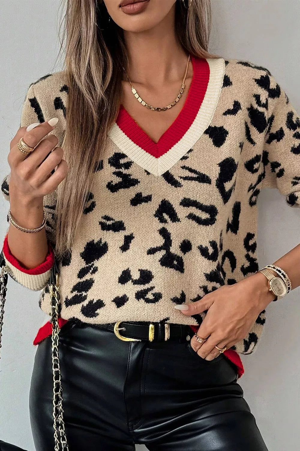 Leopard print v-neck sweater with contrast varsity rib trim