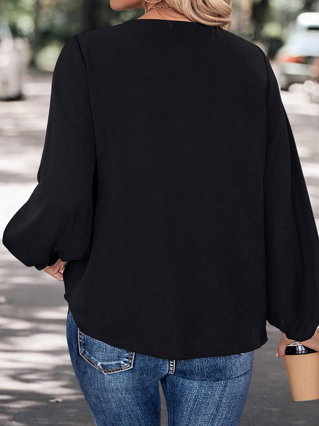 Contrast leopard-print panel V-neck long sleeve blouse