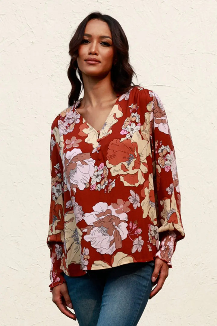 Brown Floral lantern sleeve v-neck blouse with smocked cuffs