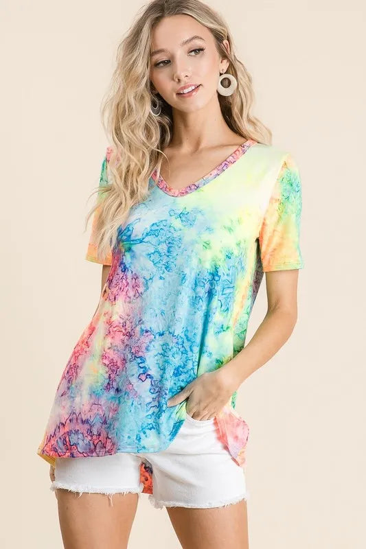 Tie dye jersey V-neck top with relaxed drop shoulders