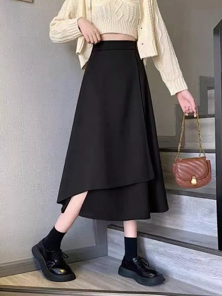 Asymmetrical layered hem high-waist A-line midi skirt