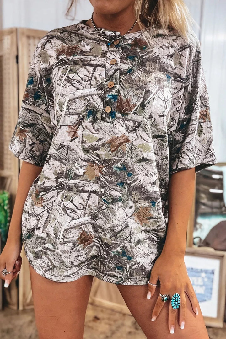 Abstract woodland print henley tunic top with pocket