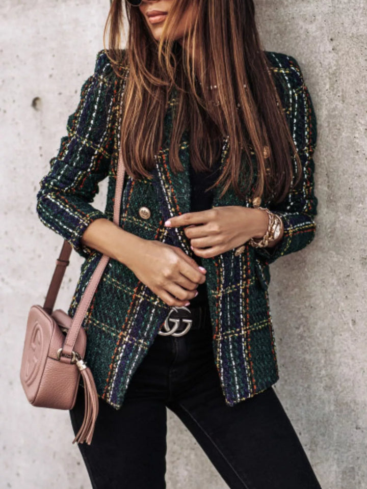 Plaid tweed double-breasted blazer with gold buttons