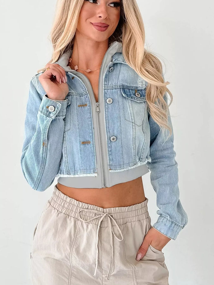 Light Blue / Gray Distressed cropped hooded denim jacket with zip front