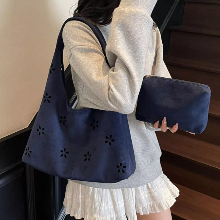 Navy Floral cut-out suede-look hobo bag with zip pouch