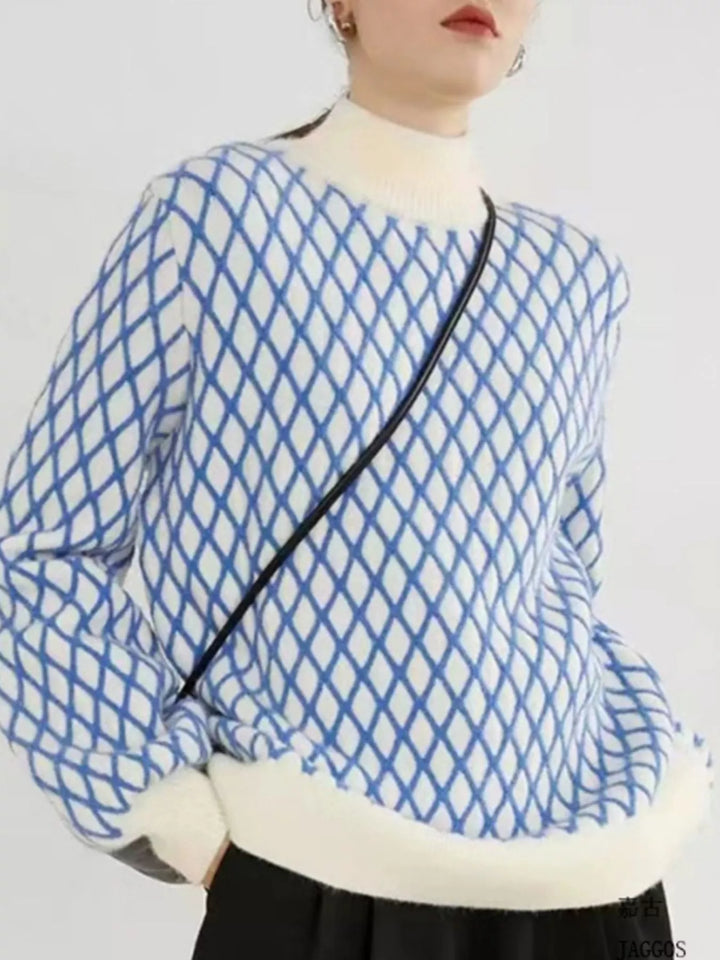 Blue Geometric lattice knit turtleneck sweater
