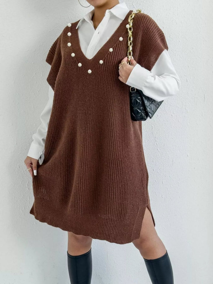 Brown Pearl-trim V-neck ribbed sweater dress with side slits