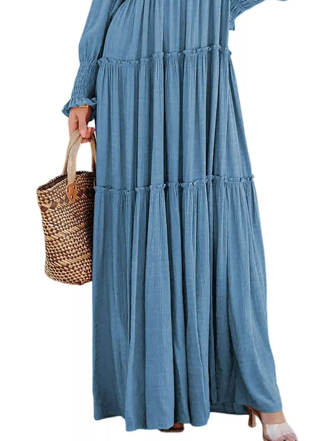 Smocked v-neck tiered maxi dress with long sleeves