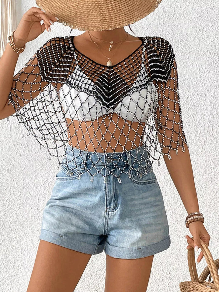 Beaded crochet v-neck open-weave cover-up
