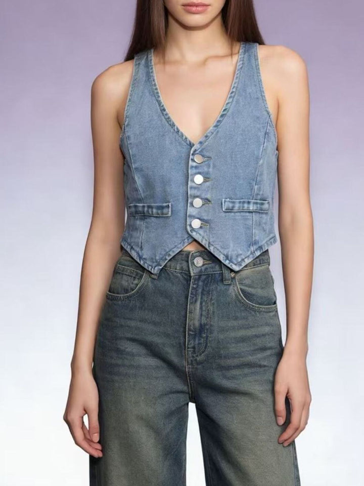 Cropped button-front denim vest with V-neck