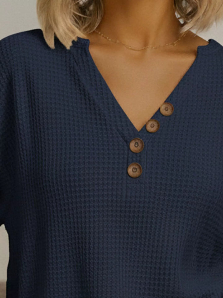 Waffle knit henley top with V-neck button placket