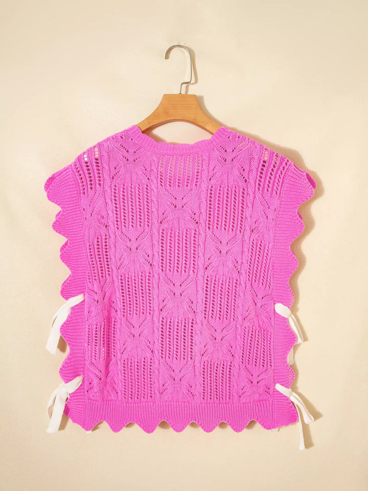 Openwork cable knit crop top with side ties and ruffle sleeves