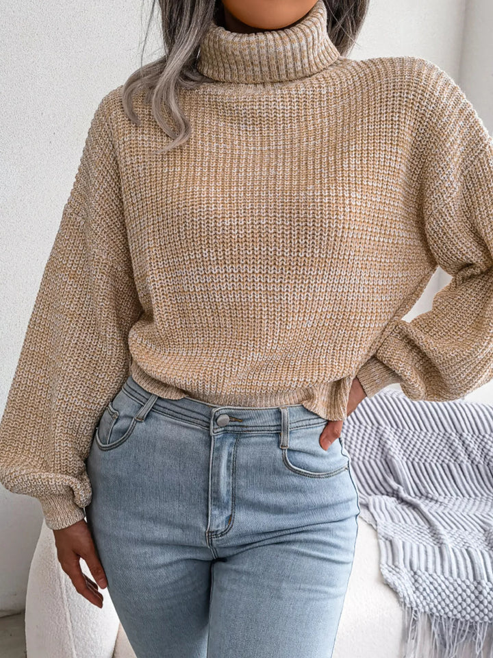 Waffle knit turtleneck sweater with dropped shoulders