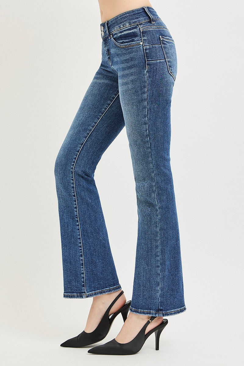 Tummy control low-rise bootcut jeans with double-button waistband