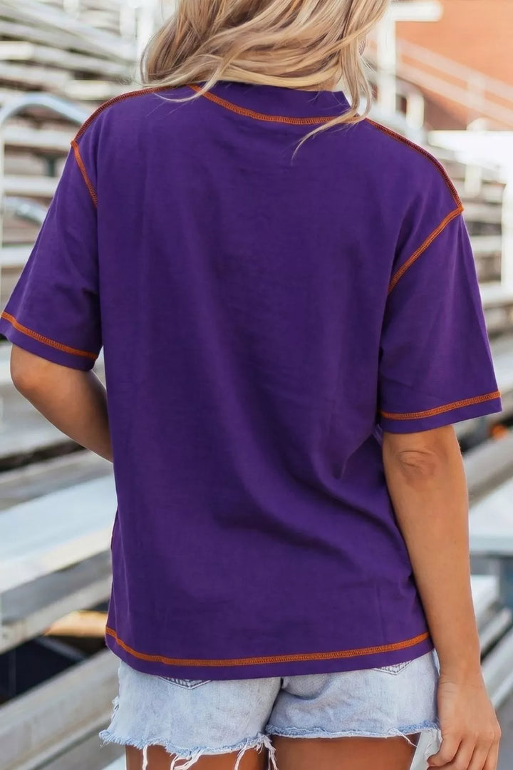 Reversible contrast-stitched mock neck short sleeve tee