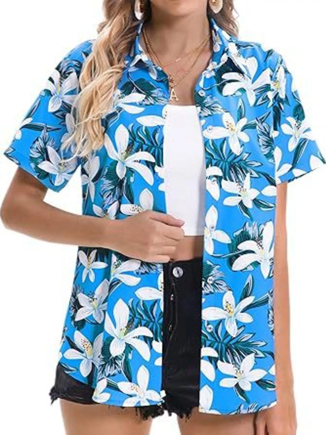 Tropical hibiscus print short sleeve button-up shirt