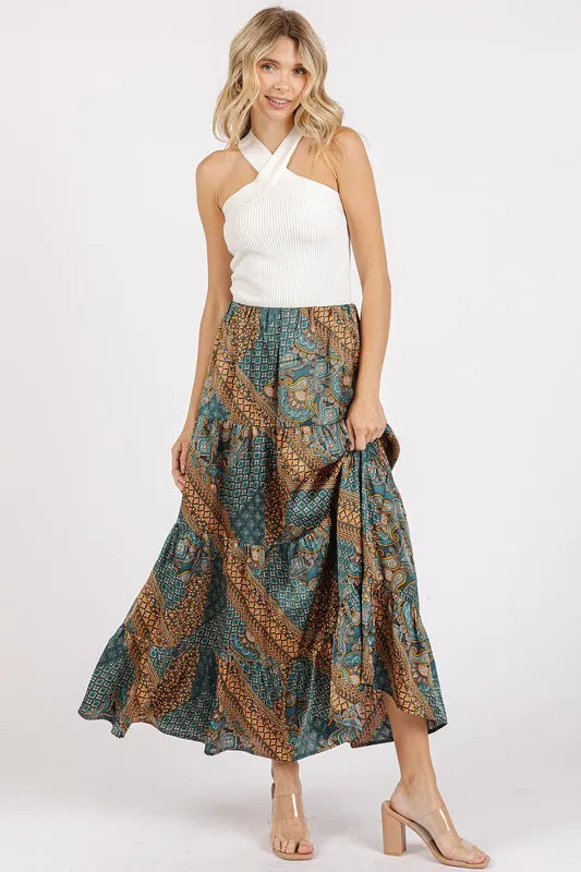 Paisley patchwork tiered satin maxi skirt