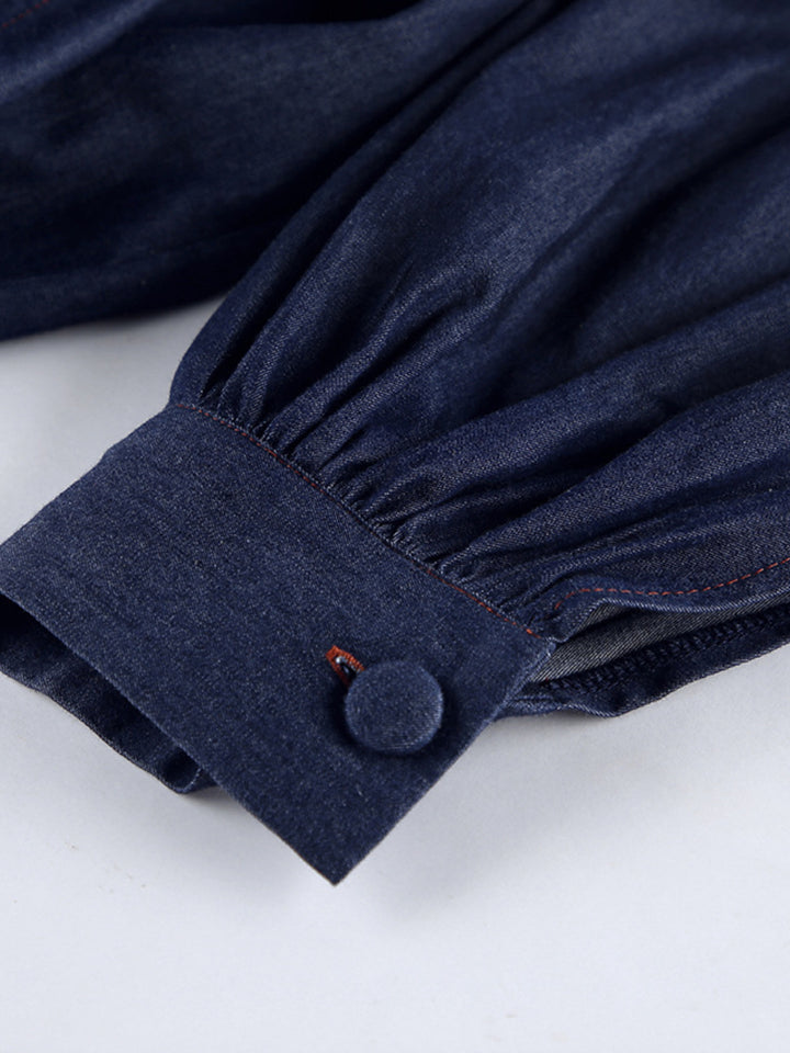 Oversized tie-front denim balloon-sleeve top and shorts set