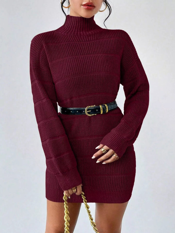 Wine Red Ribbed turtleneck knit sweater mini dress with drop shoulders