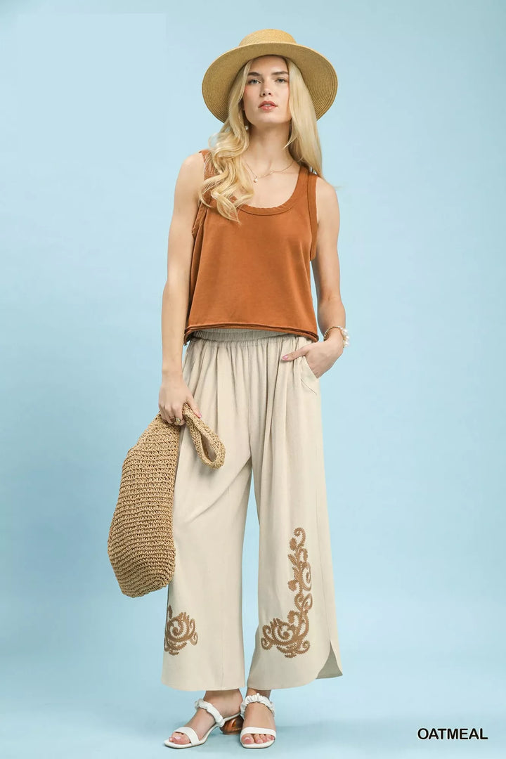 Embroidered wide-leg linen pants with elastic waist