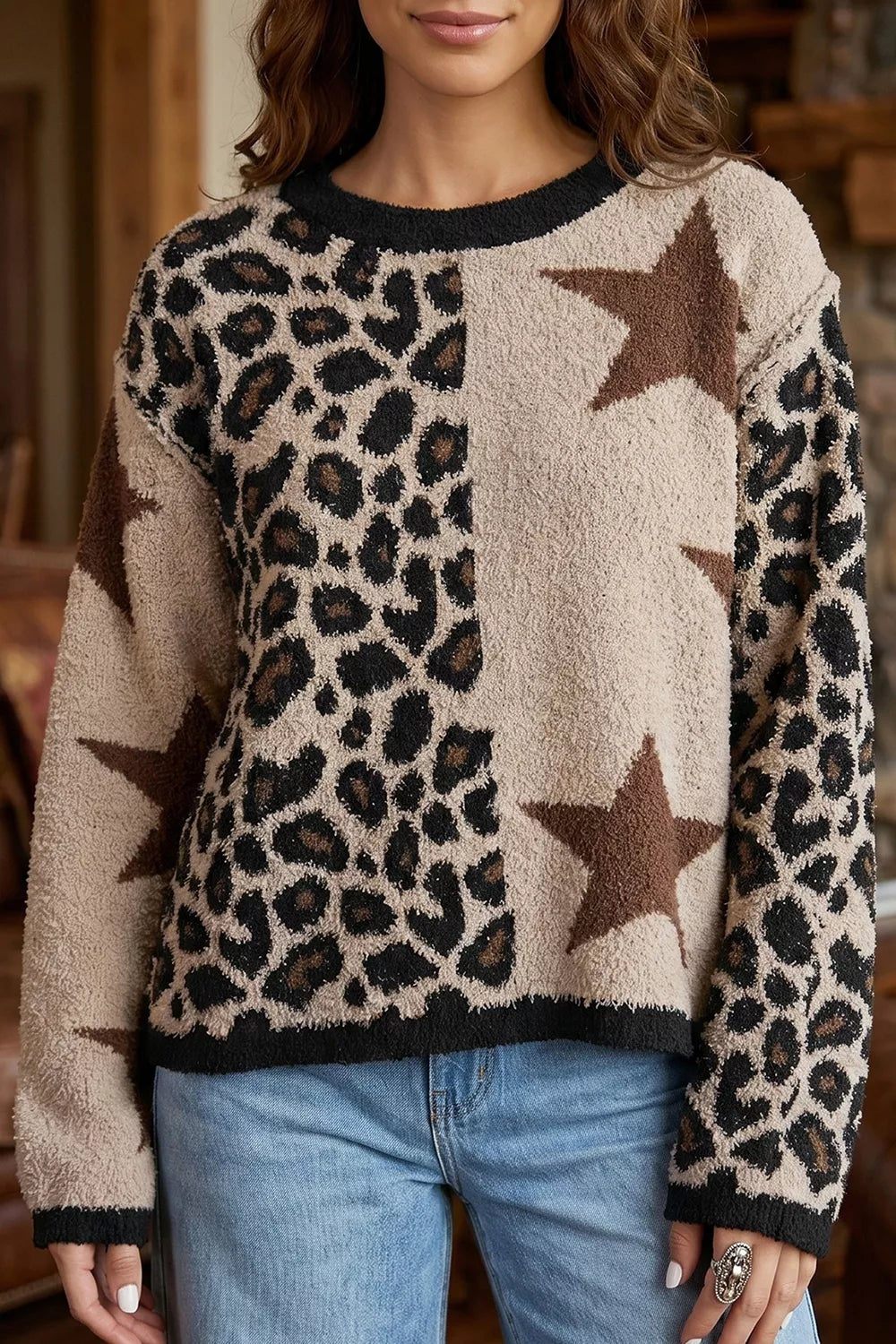 Leopard and star colorblock fuzzy knit pullover sweater