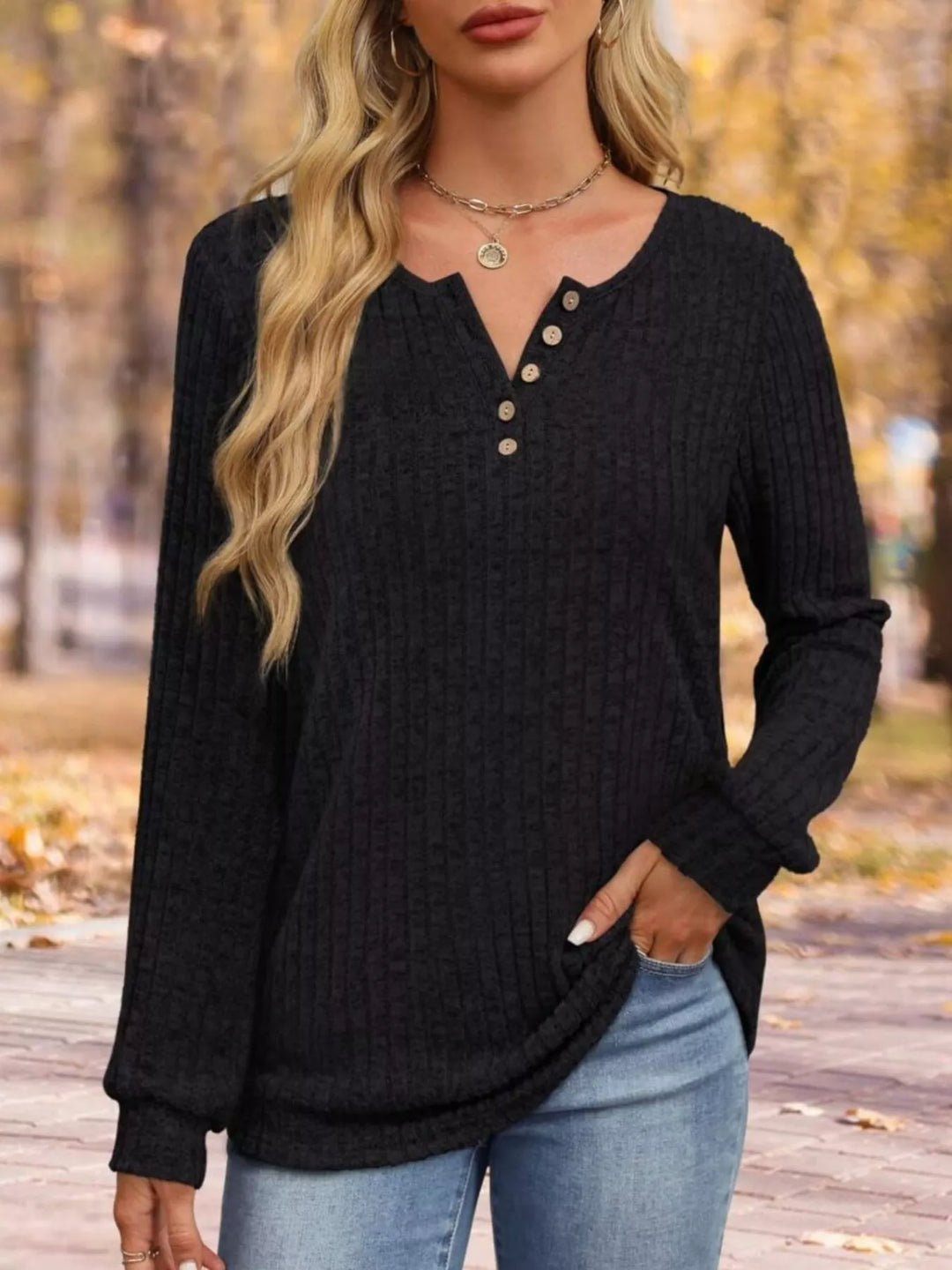 Black Ribbed knit button henley long sleeve top