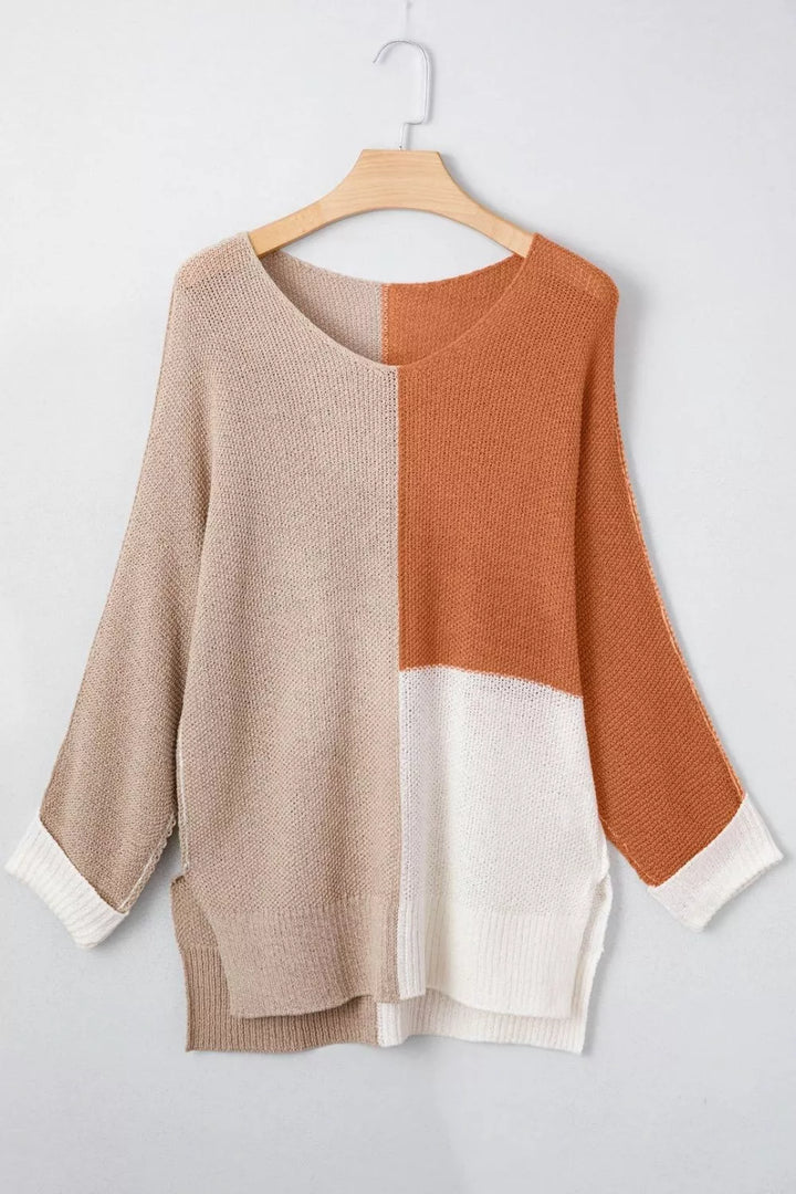 Color block ribbed knit v-neck loose sweater