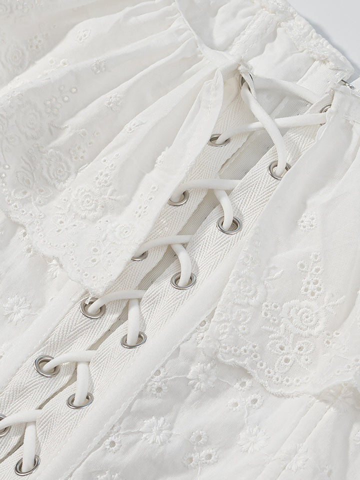 Eyelet ruffle-trim corset tank top with lace-up back
