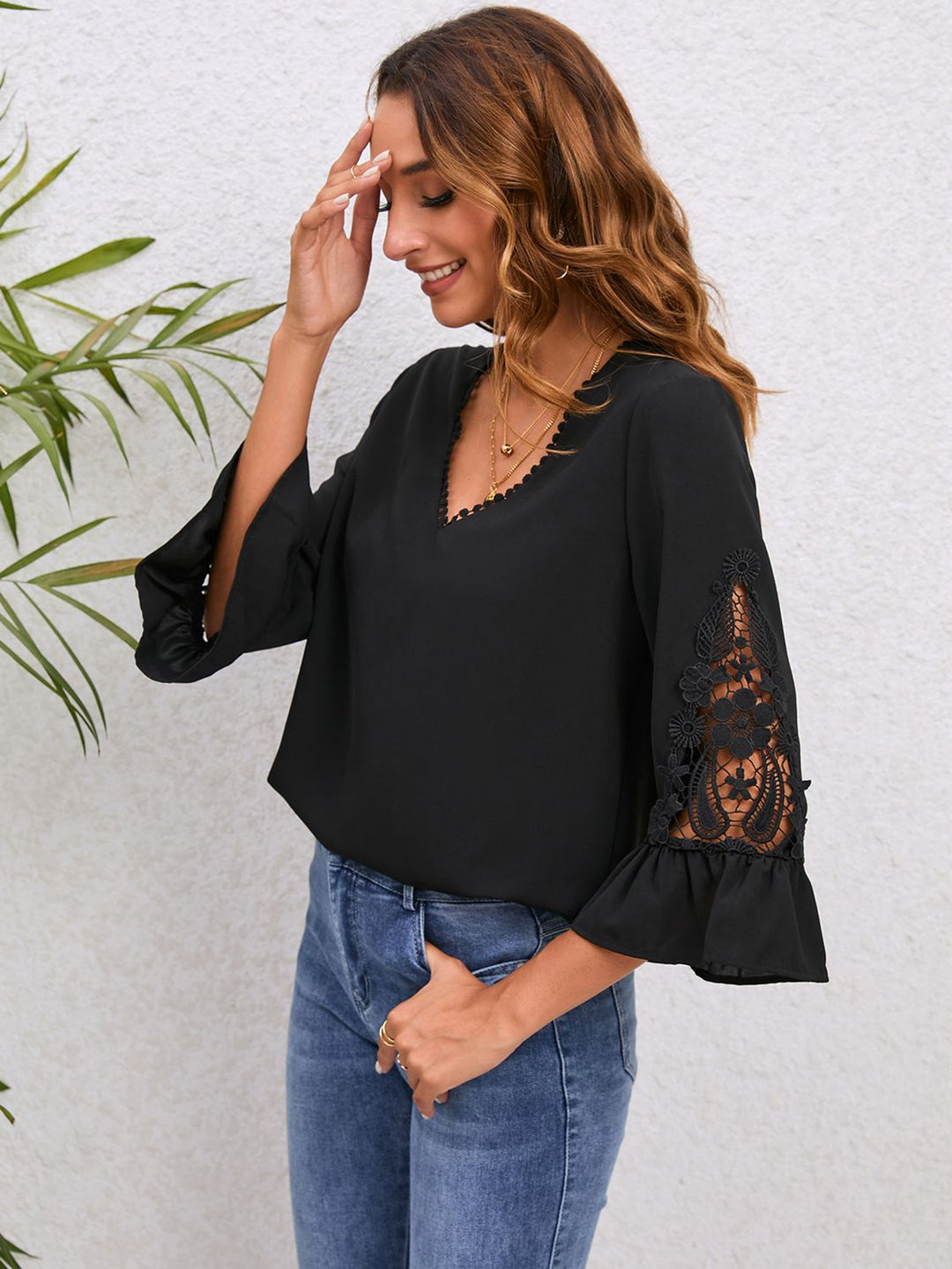 Crochet lace V-neck blouse with flounce sleeves