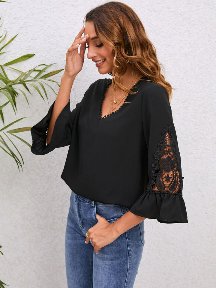 Crochet lace V-neck blouse with flounce sleeves