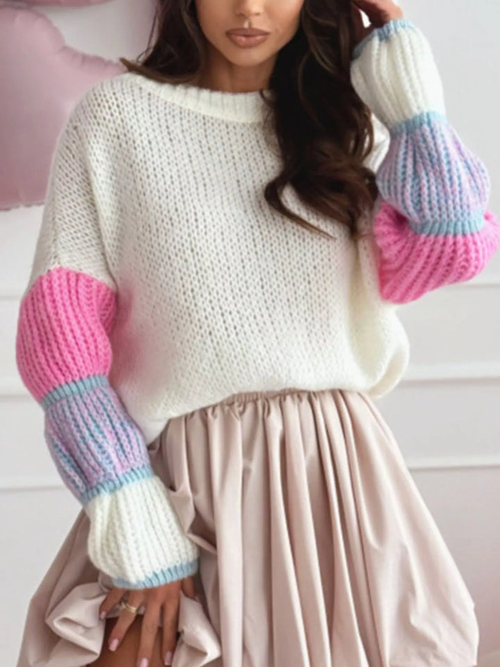 White Apricot Color-block open-knit crew neck pullover sweater